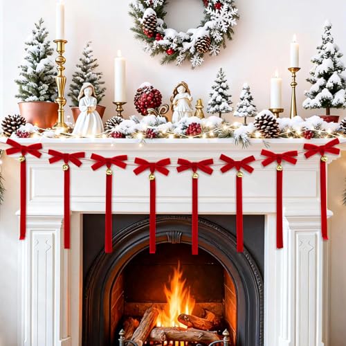 Christmas Velvet Bow Garland with Bells - Red Ribbon Holiday Decor
