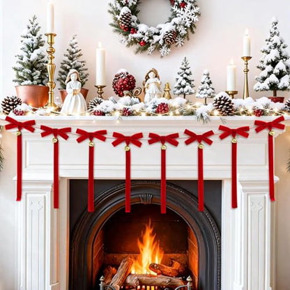 Christmas Velvet Bow Garland with Bells - Red Ribbon Holiday Decor