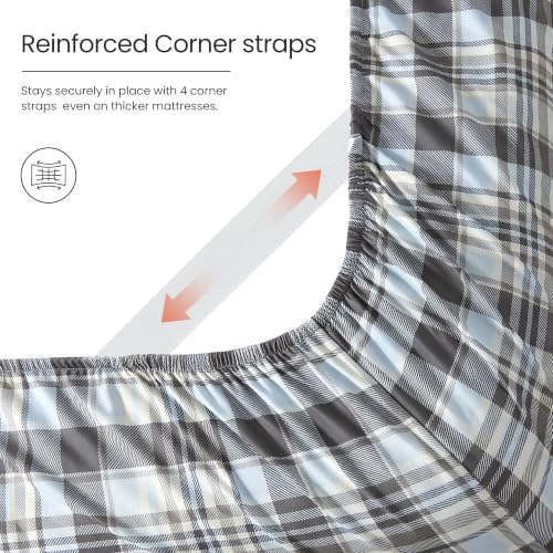 Deep Pocket King Fitted Sheet - Blue Gray Plaid, Fits 18 Inch Mattresses