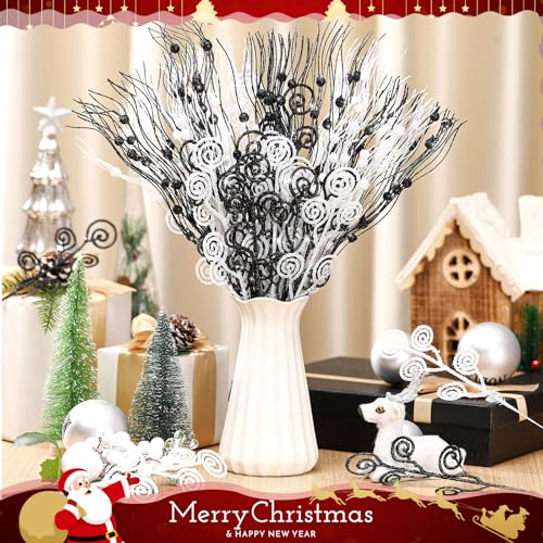 Christmas Tree Picks Sprays Set - Black & White Glitter 17" & 12"