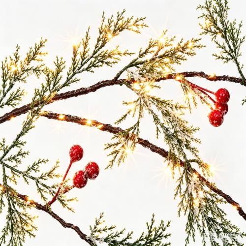 Pre-Lit Christmas Cedar Garland with Red Berries 6ft with Timer, Indoor Holiday Decor