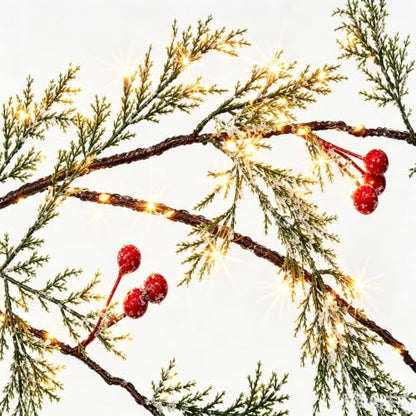Pre-Lit Christmas Cedar Garland with Red Berries 6ft with Timer, Indoor Holiday Decor