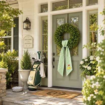 Golf Party Wreath Sash Set - Green White Plaid Fabric Decorations for Wreaths and Events