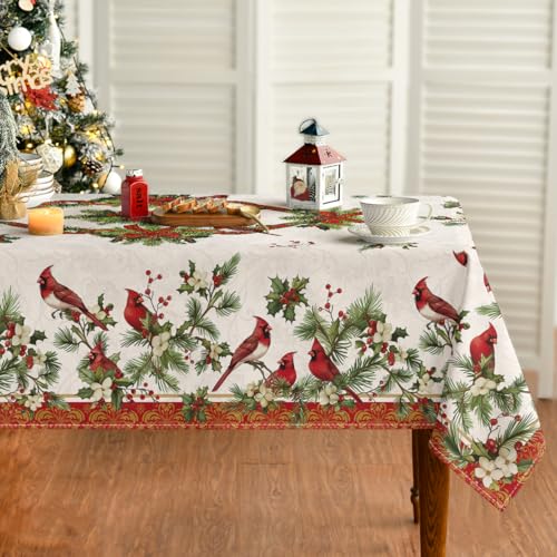 Christmas Tablecloth 60 x 84 Inch Rectangular Red & Green Cardinal Bird