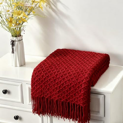 CREVENT Farmhouse Boho Knitted Throw Blanket - Red, 50x60 Inches, Cozy & Soft Home Decor
