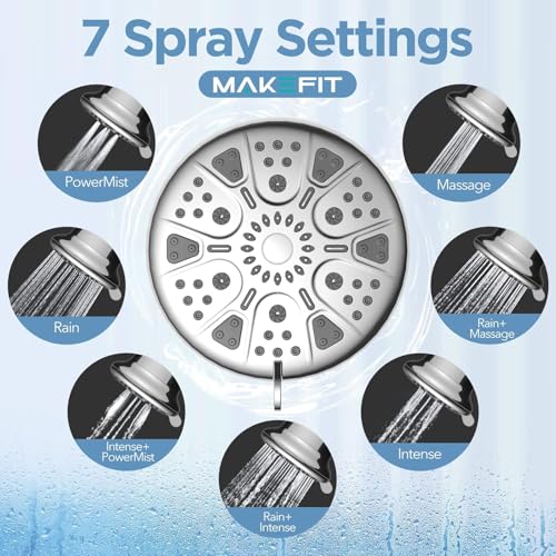 MakeFit Chrome Filtered Shower Head - High Pressure Rain Shower with 7 Settings and Hard Water Softener