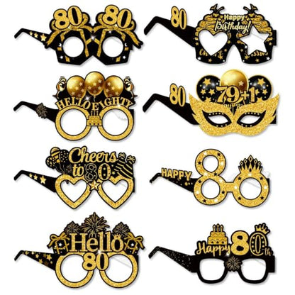 16PCS Gold 80th Birthday Glasses Photo Props Party Decorations