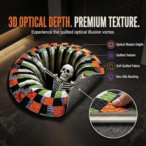 3D Halloween Rug with Skull Variation - Ghost Skeleton Vortex Optical Illusion, Candy Corn Design, Non-Slip, 24 Inch