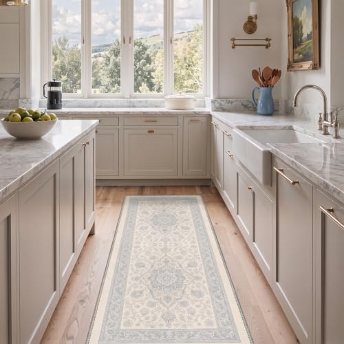 BEIMO 2x5 Flower Medallion Washable Kitchen Runner Rug - Dusty Blue