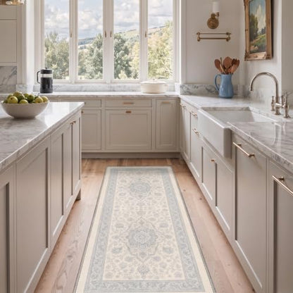BEIMO 2x5 Flower Medallion Washable Kitchen Runner Rug - Dusty Blue