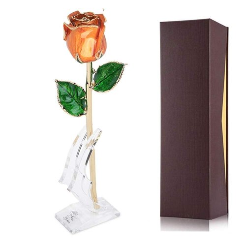 24K Budding Gold Rose Her, Real Golden Plated Red Rose, Gold Dipped Flower Present for Wife, Mom, Grandma, Birthday, Anniversary, Wedding (Orange)
