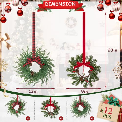 Mini Christmas Wreaths Set - 12 Holiday Decor for Cabinets & Small Spaces