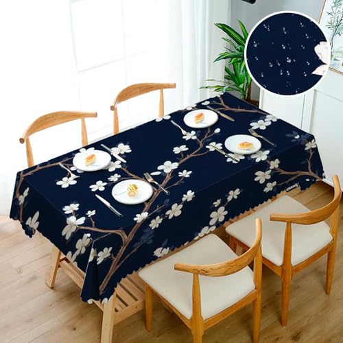 Cherry Blossoms Tablecloth 52x70 Inch Rectangular Navy Blue & White Flower Design - Wipeable Kitchen Dining Decor