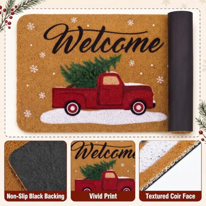 Christmas Coir Door Mat - 2 Pcs Holiday Welcome Doormats with Rustic & Plaid Designs - Variation 3