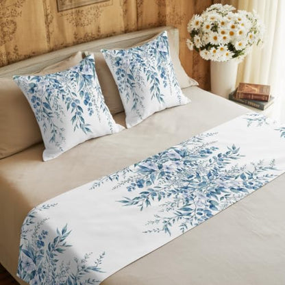 83 x 20 Inch Blue Eucalyptus Bed Runner Set with 2 Pillow Covers - Queen Size