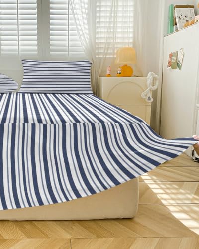 Blue Full Size Ruffle Bedspread Set with Bedskirt and Pillow Shams – Navy Striped Bedding Cover