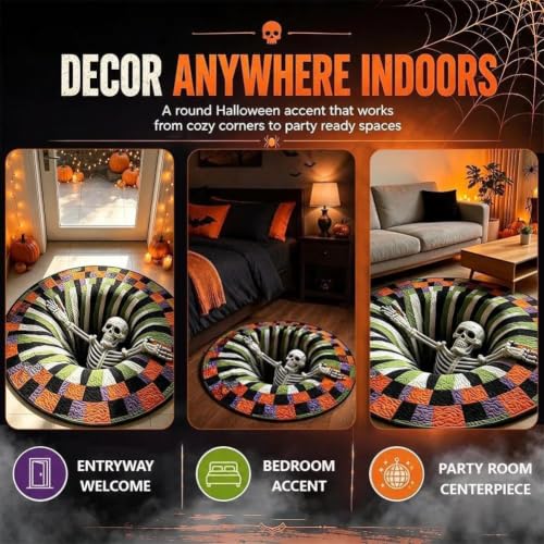 Halloween Optical Illusion Rug 24-79in Skeleton Ghost Pumpkin Pattern Black 80cm