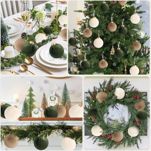 Velvet Christmas Ornaments Set - 15 Green & Brown Fabric Balls, 3.15 Inch - Holiday Decor