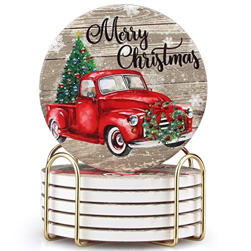 Christmas Truck Coasters Set with Gold Holder - Red Vehicle Holiday Drink Coasters - Variation of Truck Christmas Tree 01