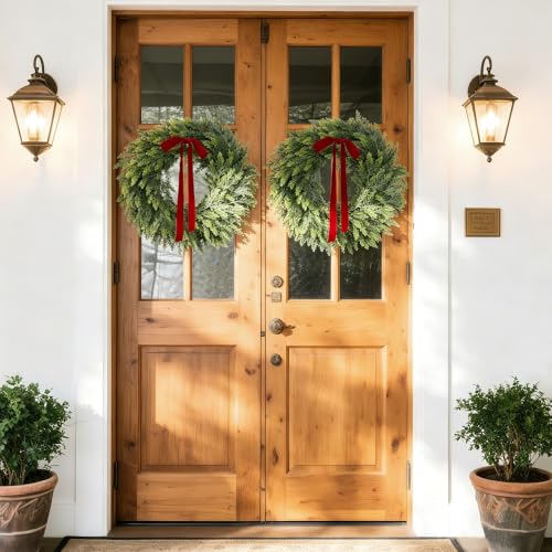 Green 26-Inch Christmas Cedar Wreath for Front Door Indoor Outdoor Decor - Real Touch Handmade Full Faux Greenery Set