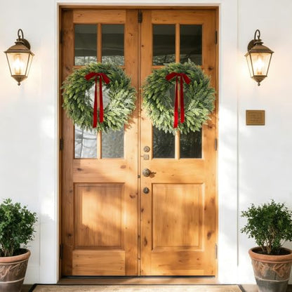 Green 26-Inch Christmas Cedar Wreath for Front Door Indoor Outdoor Decor - Real Touch Handmade Full Faux Greenery Set