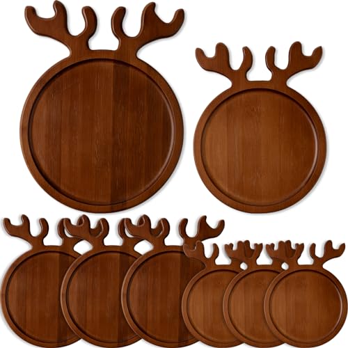 Christmas Wooden Serving Trays Set of 8 Deer Antler Design Rustic Food Platters