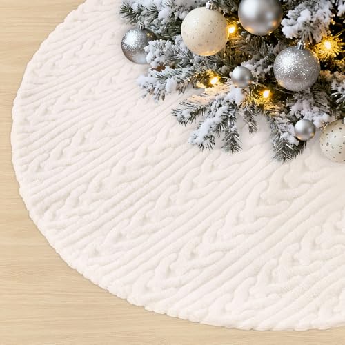 58 Inch Faux Fur Christmas Tree Skirt Round Beige Plush Holiday Decor