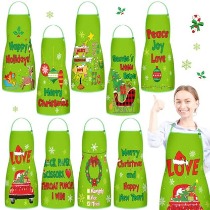 JenPen Christmas Aprons Bulk Set with Adjustable Neck Straps - Green, 9 Pack for Holiday Cooking & Parties