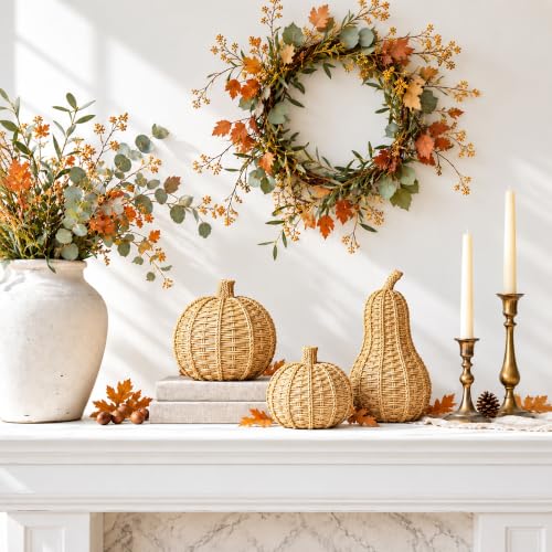 Rustic Fall Wicker Pumpkin Set - 3 Decor Pieces for Autumn & Thanksgiving