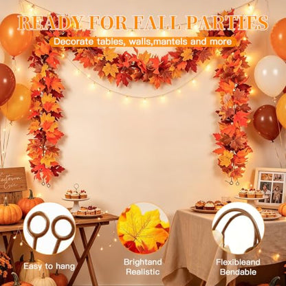 Artificial Maple Leaf Garland 2 Pack Fall Decor 5.9Ft Orange Autumn Thanksgiving