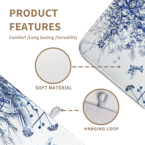 Christmas Tree Dish Drying Mat for Kitchen Counter 18x24 Inch Blue White Chinoiserie - Winter Holiday Absorbent Microfiber Reusable Drainer Pad