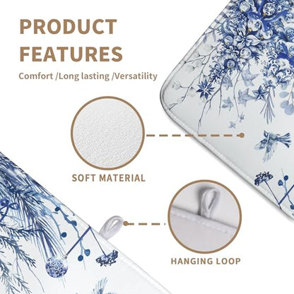 Christmas Tree Dish Drying Mat for Kitchen Counter 18x24 Inch Blue White Chinoiserie - Winter Holiday Absorbent Microfiber Reusable Drainer Pad