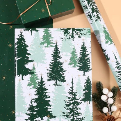 Reversible Christmas Wrapping Paper Pine Tree Design 17 x 33 Ft - Green & Gold