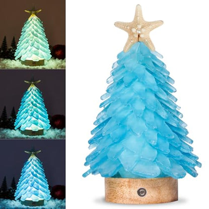Aquamarine Sea Glass Christmas Tree with LED Lights - Handcrafted Holiday Decor
