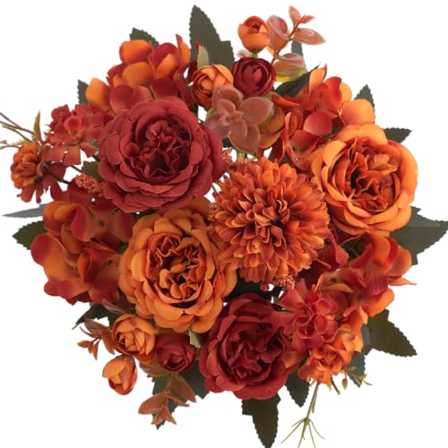 Artificial Fall Peony & Hydrangea Bouquet Set - Orange Red / Mixed 2pcs