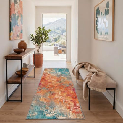 Washable Abstract Runner Rug 2x5 ft Non-Slip Entryway Carpet - Aqua Saffron