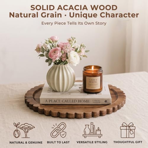 Solid Acacia Wood Decorative Tray - 12 Inch Round Scalloped Centerpiece