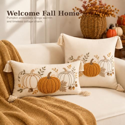 Berchaoki Embroidered Fall Lumbar Pillow Cover 12x20 Inches - Neutral Pumpkin Decor