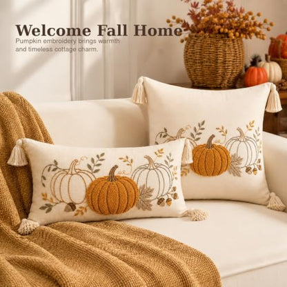 Berchaoki Embroidered Fall Lumbar Pillow Cover 12x20 Inches - Neutral Pumpkin Decor