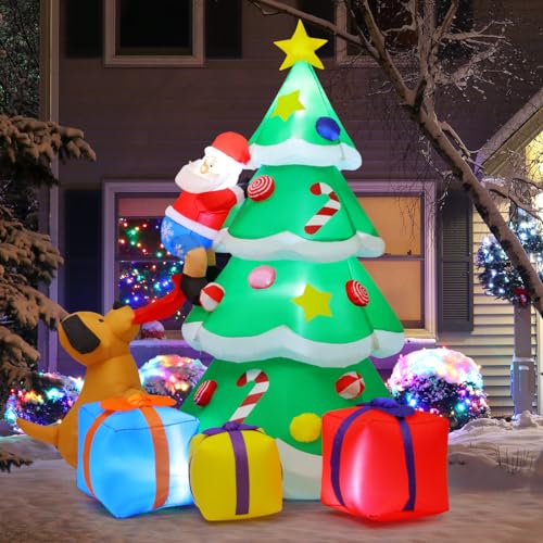 7 FT Inflatable Christmas Tree with LED Lights, Outdoor Yard Decor, Claus & Gift Boxes