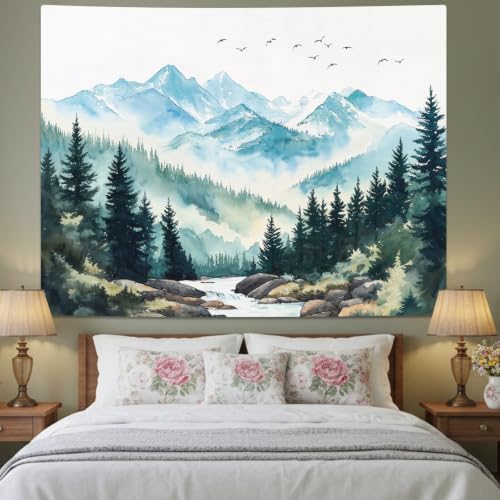 Mountain White Watercolor Tapestry 60x44 Inch Misty Forest River Scene - Wolijojo