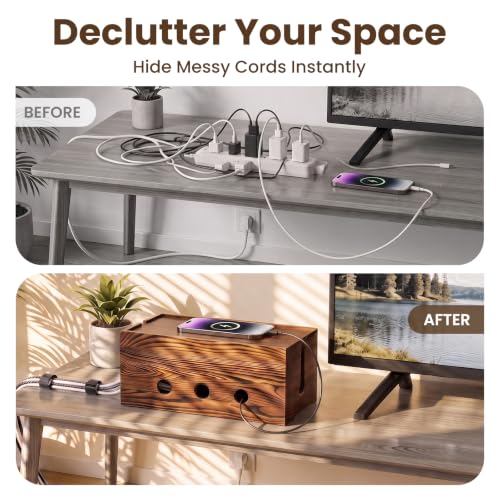 Wooden Cable Management Box 14 Inch Large Cord Organizer for Power Strip Surge Protector