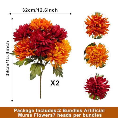 Fall Artificial Mums Flowers - 2 Bundles, 14 Heads, Orange Red