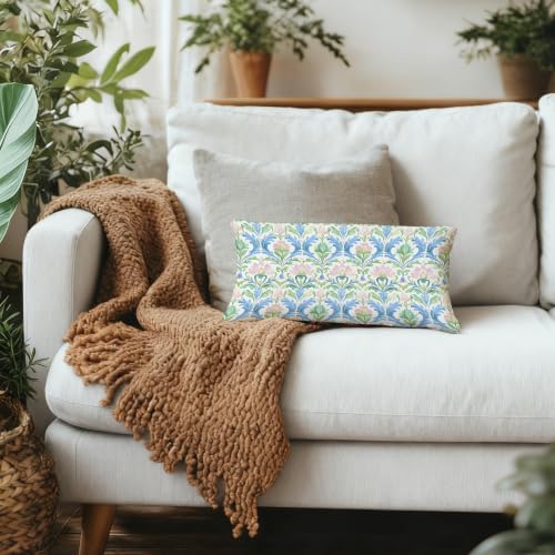 Blue and Green Floral Lumbar Pillow Cover 12x20 with Pink Variation