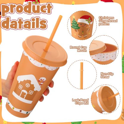 Gingerbread Man Christmas Cups with Lids & Straws - 24 oz, 12 Pack
