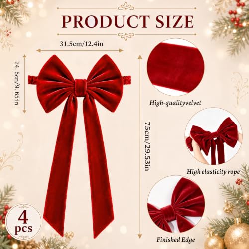 4PCS Red Christmas Bow Chair Sashes Elastic Velvet Decor