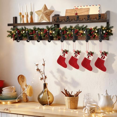 Wall Mounted Coat Rack with Shelf and 13 Hooks - Rustic Wooden Entryway Organizer