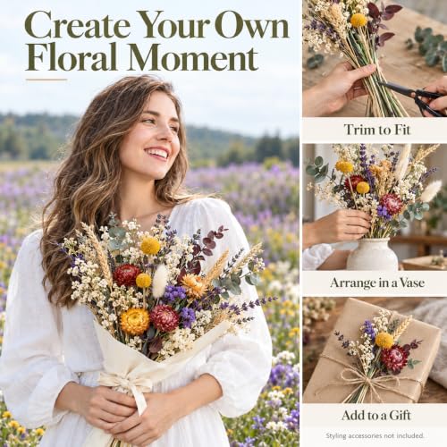Natural Dried Flower Bouquet with 43 Stems for Home Decor & DIY Arrangements
