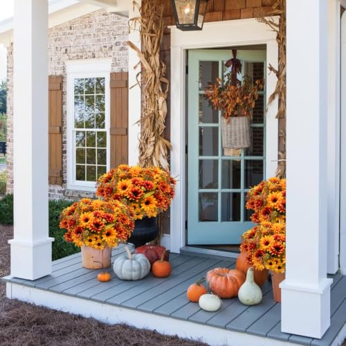 Artificial Fall Flowers for Decoration - Orange Faux Mums, 4 Bundles Outdoor