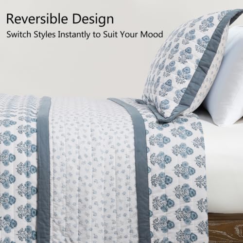 Reversible Cotton King Size Quilt Blue & White Patchwork 106x96